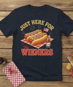 T-shirt design with text "JUST HERE FOR the WIENERS" and graphics of hot dogs, ketchup, and an American flag