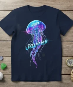 Just Jellyfish T-Shirt with a vibrant, glowing jellyfish graphic and blue neon text