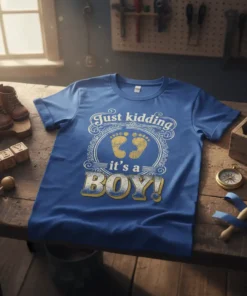Just kidding it's a BOY! text with baby footprints on a blue t-shirt for a gender reveal announcement