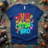 Just Let Me Stim Bro quote with puzzle pieces and colorful drips on a blue t-shirt