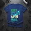 JUST LET ME STIM BRO. text design with circuit board graphics on a blue t-shirt