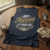 JUST Married 10 YEARS AGO text design on a navy t-shirt, featuring ornate floral wreath and gold glitter accents
