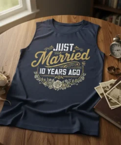 JUST Married 10 YEARS AGO text design on a navy t-shirt, featuring ornate floral wreath and gold glitter accents