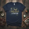Just Married 15 Years Ago text with gold geometric design on a navy t-shirt, celebrating a wedding anniversary