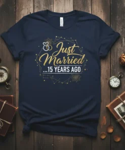 Just Married 15 Years Ago text with gold geometric design on a navy t-shirt, celebrating a wedding anniversary