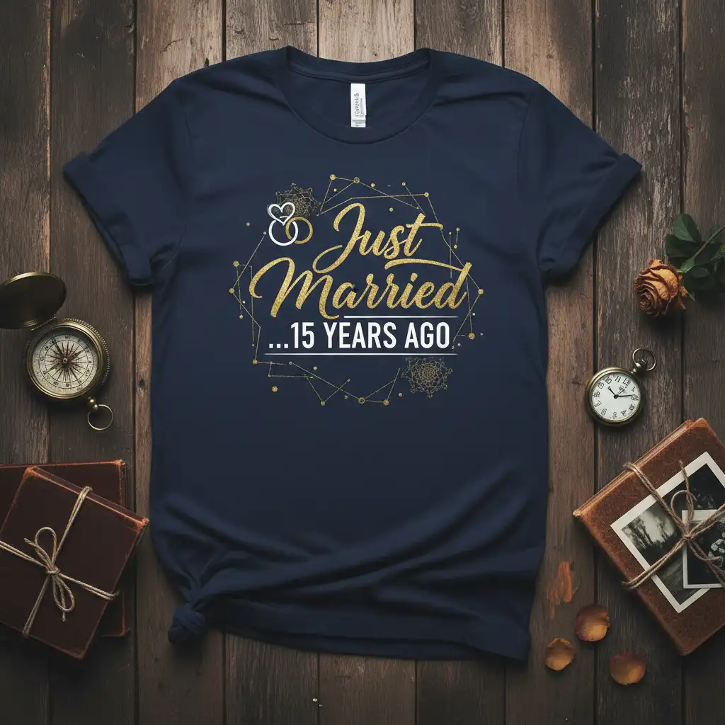 Just Married 15 Years Ago anniversary quote in gold glitter font on a navy t-shirt design