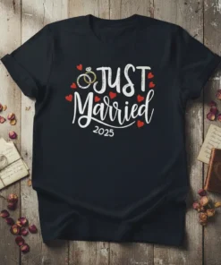 Just Married 2025 text with wedding rings and hearts graphic on a black t-shirt