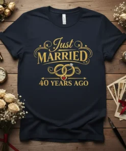 Just Married 40 Years Ago text with wedding rings and diamond on navy t-shirt design