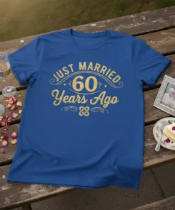 Blue t-shirt with gold glitter text "JUST MARRIED 60 Years Ago" for a 60th wedding anniversary celebration