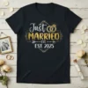 Just Married EST. EST. 2025 wedding t-shirt with gold rings and decorative border