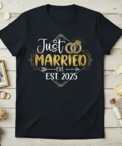 Just Married EST. EST. 2025 wedding t-shirt with gold rings and decorative border