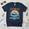 Just Married Honeymoon Cruise 2025 t-shirt featuring a cruise ship at sunset with palm trees and a wedding ring graphic