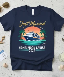 Just Married Honeymoon Cruise 2025 t-shirt featuring a cruise ship at sunset with palm trees and a wedding ring graphic