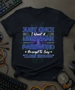 T-shirt with "JUST ONCE I Want A USERNAME & PASSWORD • Prompt To Say • "CLOSE ENOUGH"" text in blue