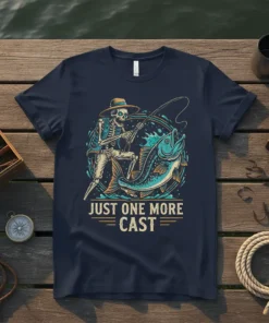 Skeleton angler casting a fishing line, catching a large fish, with text "JUST ONE MORE CAST" on a navy t-shirt