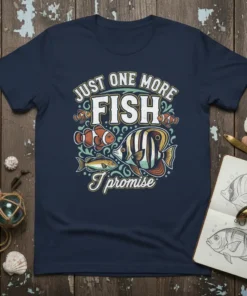 Just One More Fish I Promise t-shirt with colorful clownfish and angelfish illustration