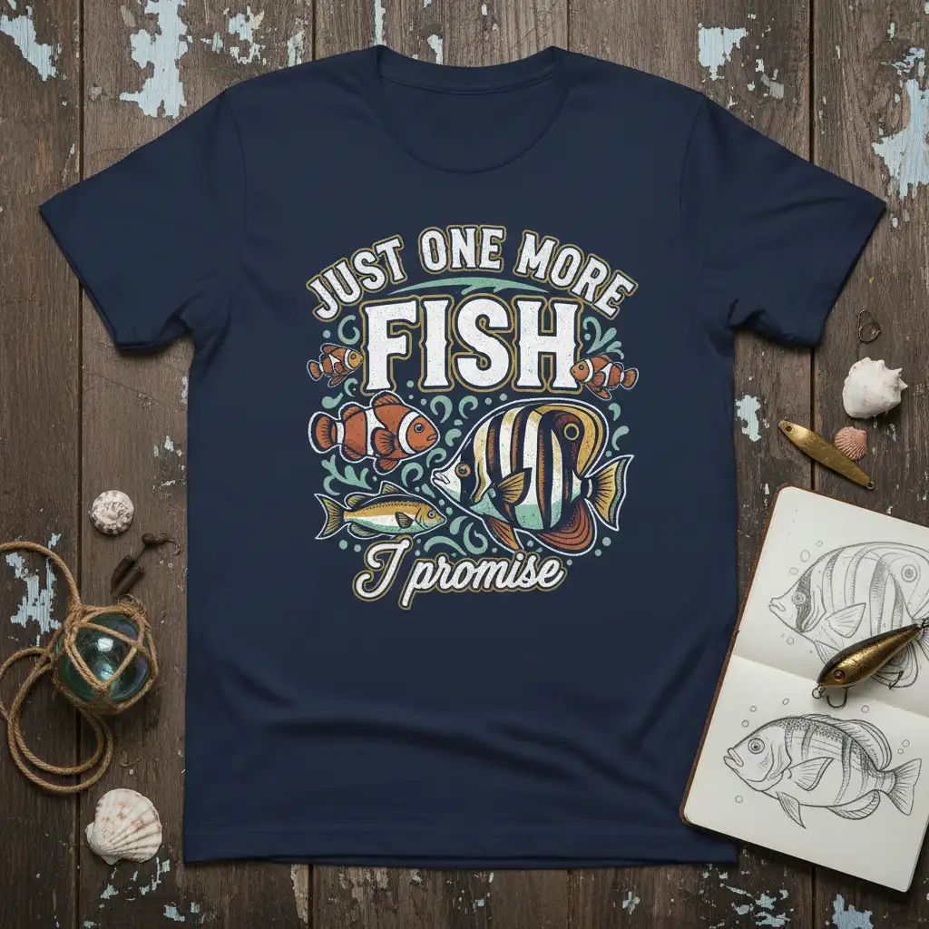 Just One More Fish I Promise quote with detailed illustrations of various aquarium fish