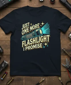 Just One More Flashlight I Promise quote with a retro flashlight graphic on a navy t-shirt