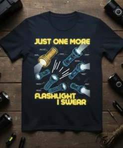 Just One More Flashlight I Swear text with illustrations of various flashlights on a black t-shirt