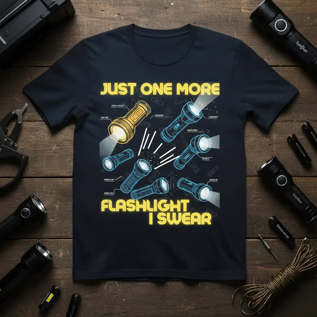 Just One More Flashlight I Swear quote with flashlight diagrams on a dark t-shirt