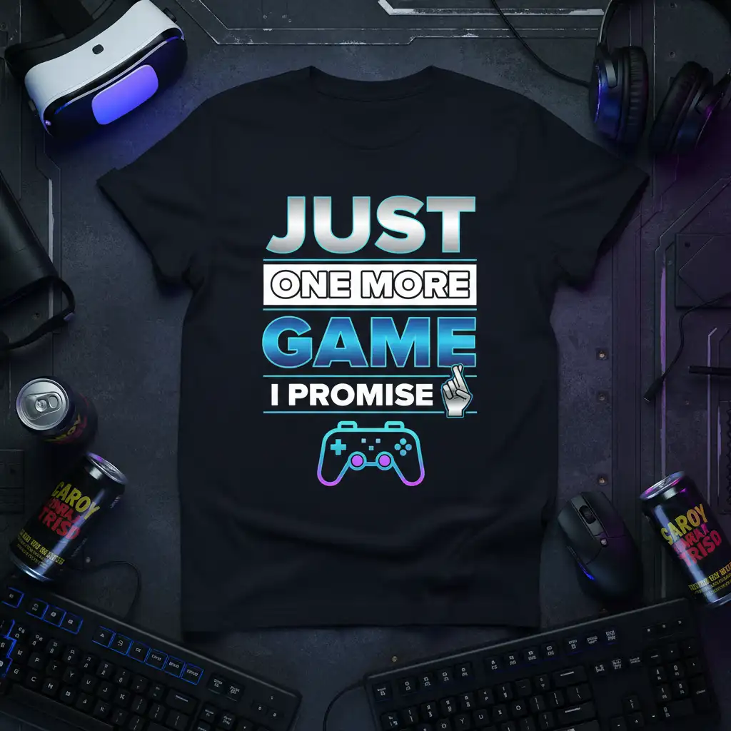 JUST ONE MORE GAME I PROMISE quote with gamer controller and crossed fingers graphic on t-shirt