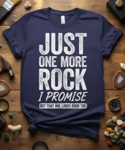 T-shirt with white distressed text reading "JUST ONE MORE ROCK I PROMISE BUT THAT ONE LOOKS GOOD TOO" on a