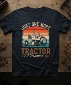 Just One More Tractor I Promise text with vintage tractor graphic on a navy t-shirt