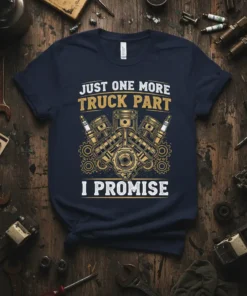 Just One More Truck Part I Promise t-shirt with vintage engine graphic and bold text