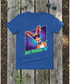 Kangaroo wearing sunglasses with "Just Peaking In!" text, set against a colorful cosmic swirl graphic