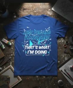 Blue t-shirt with white and teal text that reads "JUST PRETEND I'M NOT HERE THAT'S WHAT I'M DOING" in a