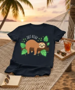 Dark navy t-shirt with "JUST RELAX" text and a cute brown sloth hanging on a branch surrounded by green leaves