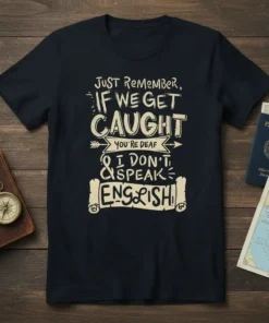 T-shirt with the quote "JUST REMEMBER, IF WE GET CAUGHT YOU'RE DEAF & I DON'T SPEAK ENGLISH!" in distressed typography