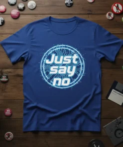 Blue t-shirt with "Just Say No" text inside a glowing digital circuit design