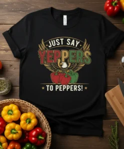 Just Say Yeppers To Peppers! quote with eagle and peppers graphic on black t-shirt