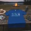 T-shirt with "JUST TIE ONE ON" text and colorful fishing lure graphics