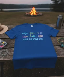 T-shirt with "JUST TIE ONE ON" text and colorful fishing lure graphics