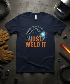 Navy t-shirt with "JUST WELD IT" text and a robotic arm welding graphic, sparks flying, suitable for welders