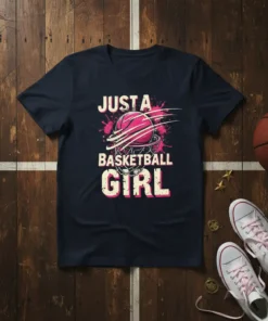 Just A Basketball Girl text design with a pink basketball going into a net, on a navy t-shirt