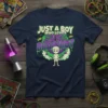 Just A Boy Who Loves Brainrot t-shirt with cartoon brain graphic and zap effects