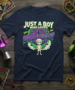 Just A Boy Who Loves Brainrot t-shirt with cartoon brain graphic and zap effects