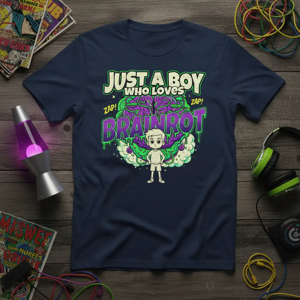 Just A Boy Who Loves Brainrot graphic tee with stylized cartoon brain and lightning effects