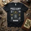 Black t-shirt featuring white and gold text "JUST A BOY WHO LOVES BUGS" with detailed illustrations of various insects like