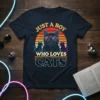 Just A Boy Who Loves Cats text with a geometric cat wearing sunglasses and two smaller cats, set against a