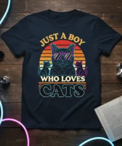 Just A Boy Who Loves Cats text with a geometric cat wearing sunglasses and two smaller cats, set against a