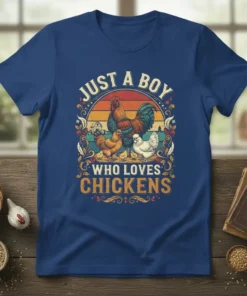 Just A Boy Who Loves Chickens text with vintage rooster, hens, and chicks graphic on a blue t-shirt
