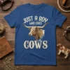 Just A Boy Who Loves Cows t-shirt with a Texas Longhorn bull graphic and vintage typography