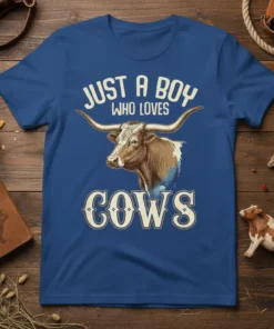 Just A Boy Who Loves Cows t-shirt with a Texas Longhorn bull graphic and vintage typography