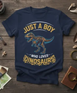 Just A Boy Who Loves Dinosaurs text design with T-Rex skeleton graphic on a navy blue t-shirt
