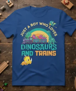 T-shirt design with text "JUST A BOY WHO LOVES DINOSAURS AND TRAINS" featuring cartoon dinosaurs and a train