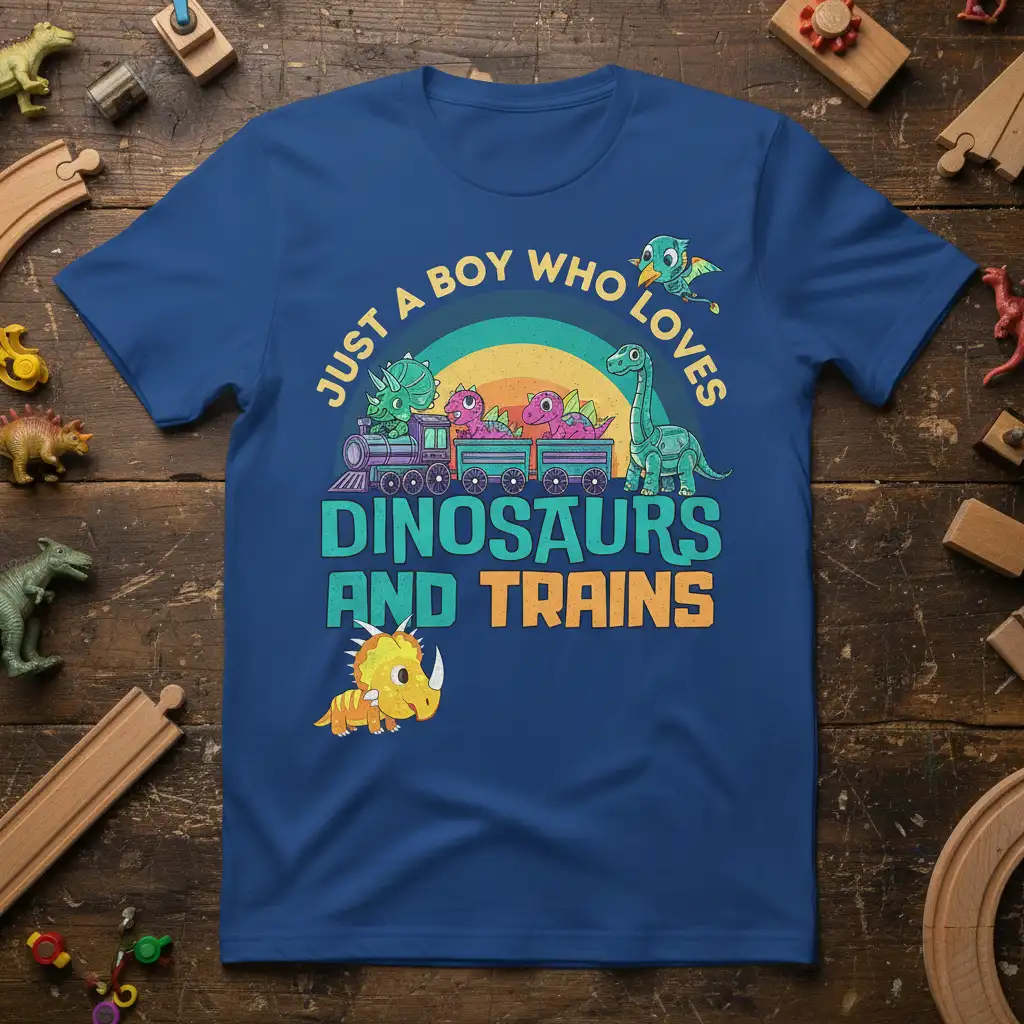 Just a Boy Who Loves Dinosaurs and Trains quote with cartoon dinosaurs on a train design
